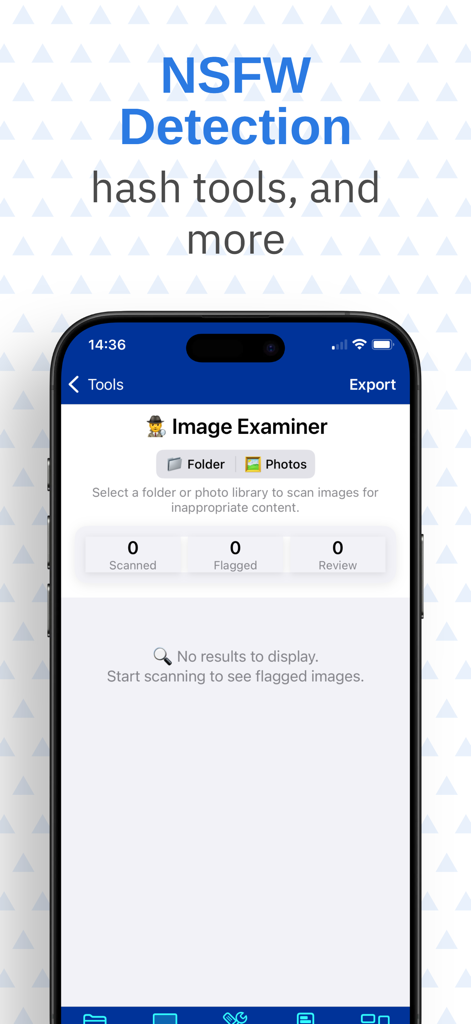 Digital Forensics - Digital Forensics mobile app interface showing the Image Examiner tool for scanning and flagging inappropriate content