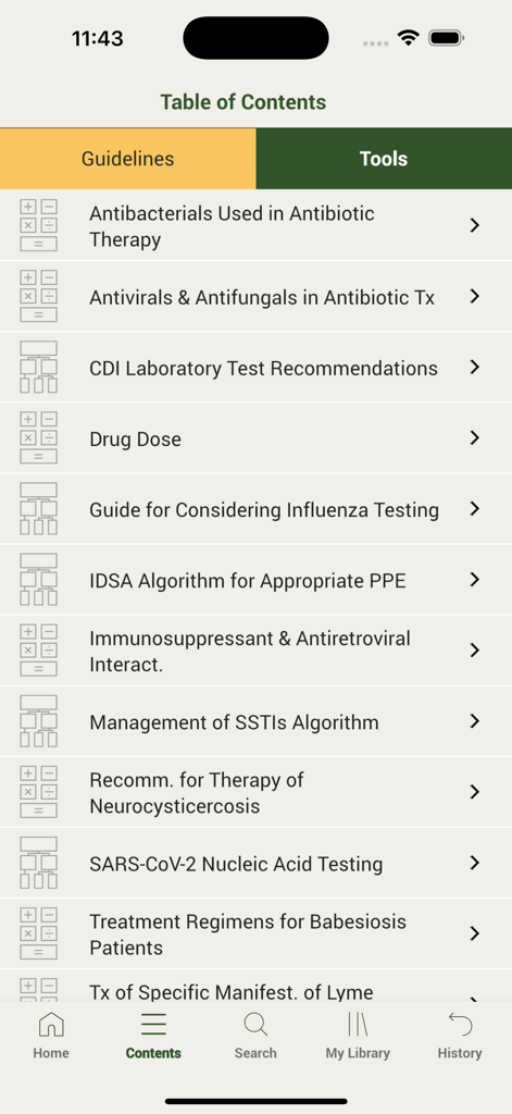 A list of clinical tools and treatment algorithms within the IDSA Practice Guidelines app.