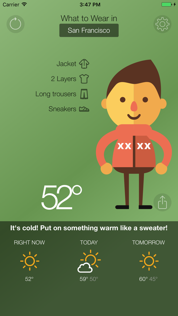 What To Wear Today - What To Wear Today app interface showing clothing recommendations for a cold day in San Francisco