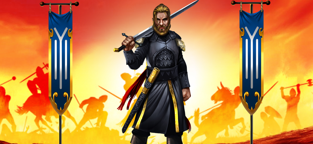 An Ottoman warrior holding a sword on his shoulder flanked by Kayi tribe banners in a battle scene