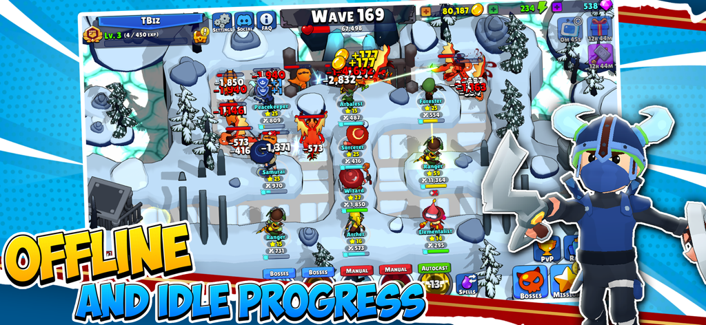 Idle Hero TD Tower Defense RPG - Idle Hero TD gameplay showing hero units defending a snowy level against monsters with offline progress text