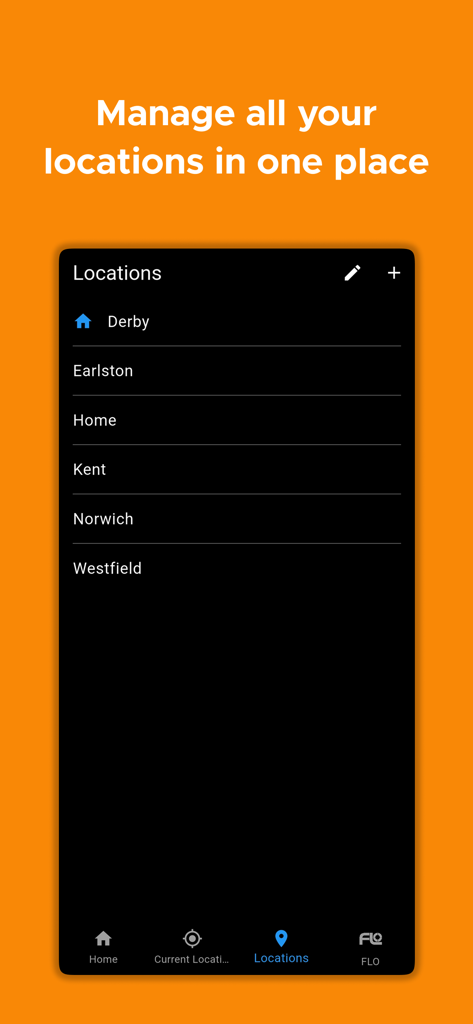 Clear Outside - A screen showing the location management interface with a list of saved observation sites like Derby and Home.