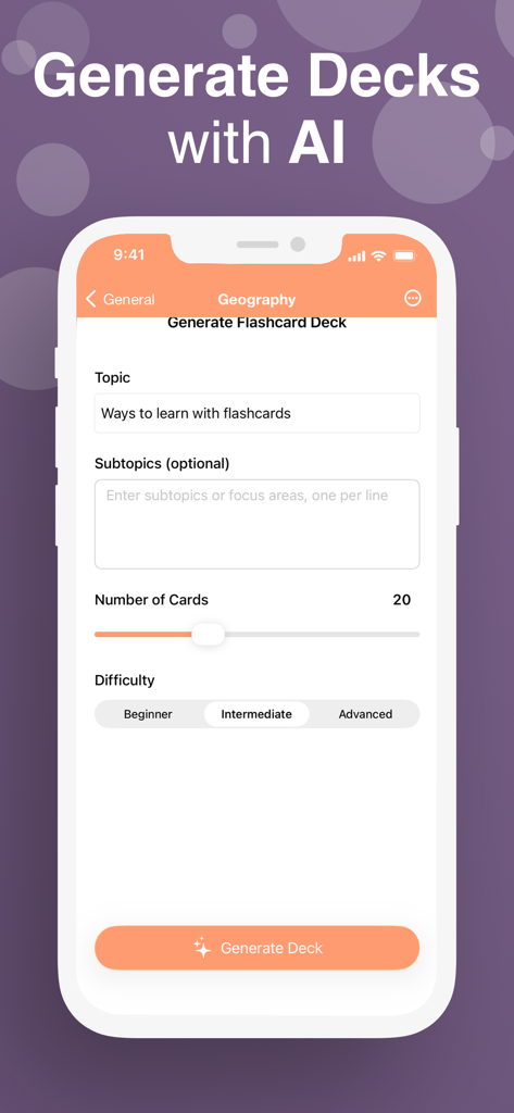 Interface for generating a flashcard deck with AI showing fields for topic subtopics and difficulty