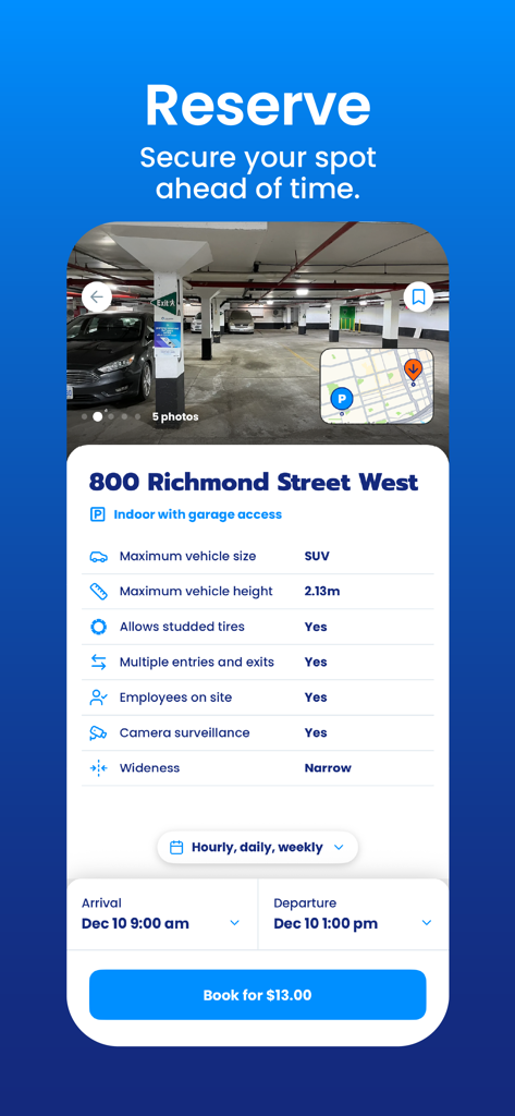 clicknpark - Mobile app interface for clicknpark showing indoor parking spot details and booking button