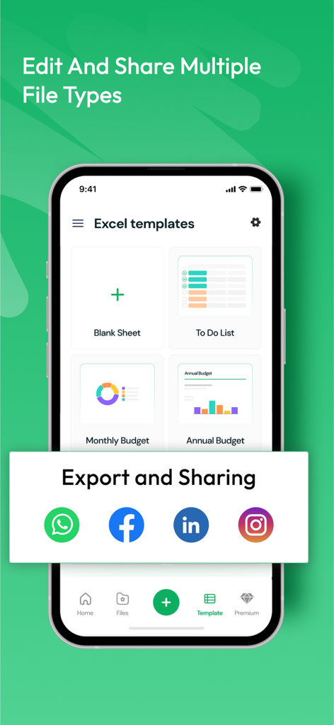 XLS Sheet app interface showing various spreadsheet templates and quick export options for social media sharing