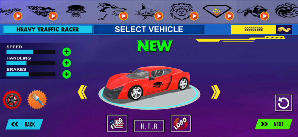 Highway Traffic Racer Car Ride - The vehicle selection screen of the Highway Traffic Racer game showing a customizable red sports car and its speed and handling stats