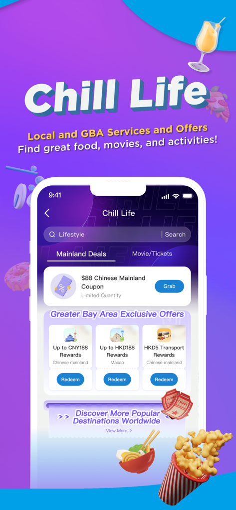 AlipayHK - AlipayHK app interface displaying lifestyle rewards and Greater Bay Area exclusive offers.