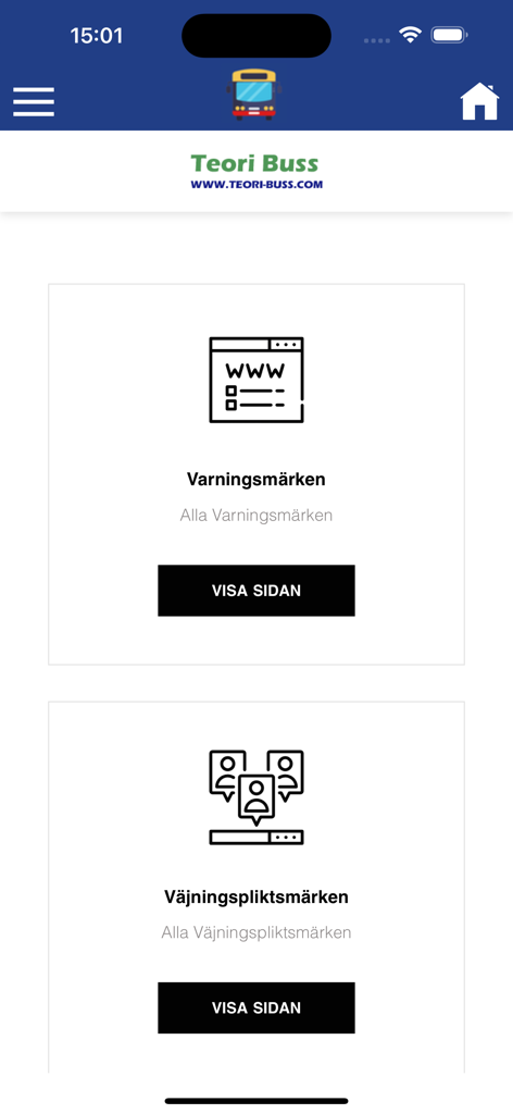 Menu of the Teori Buss app displaying categories for Swedish traffic warning signs and priority signs.