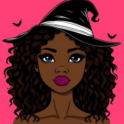 realistic black girl with wavy hair and witch hat and nose and lips