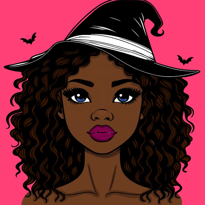 realistic black girl with wavy hair and witch hat and nose and lips