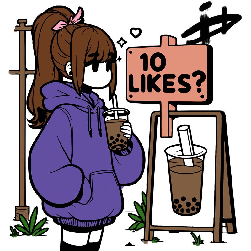 girl with oversized hoodie drinking boba and she has a high ponytail with a sign that says 10likes?