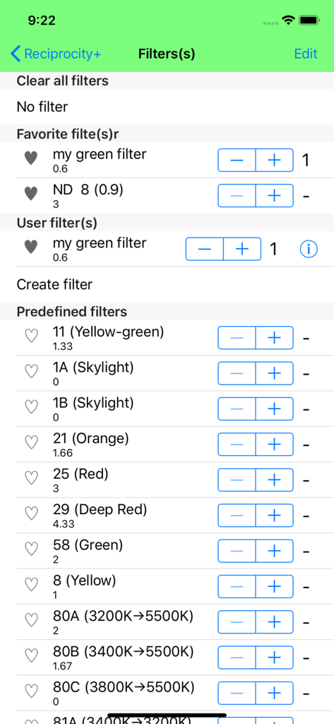 A list of photographic filters and exposure compensation values in the Reciprocity Plus app