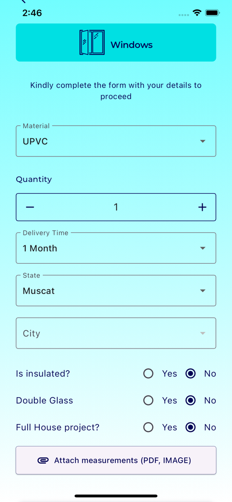 Quotation | كوتيشن - A mobile app interface showing a window service quotation request form with options for material quantity delivery time and location