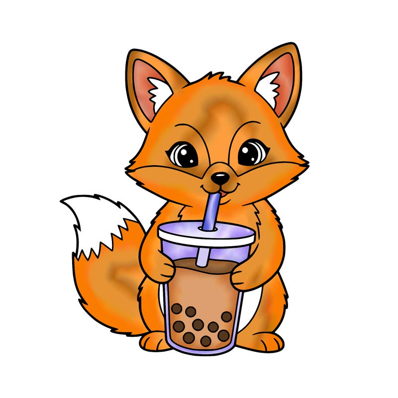 a cute fox drinking a boba drink