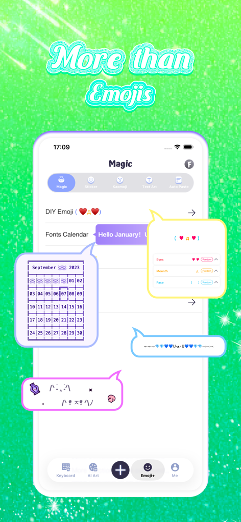 V Keyboard - DIY Themes, Fonts - V Keyboard app interface showing DIY emoji creation and custom text art features