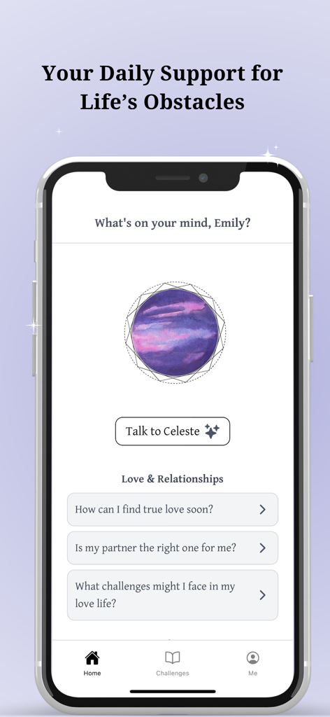 Celeste - Life Guide - Interfaz de la aplicación Celeste que muestra una pantalla de inicio de coach IA con indicaciones de consejos para relaciones