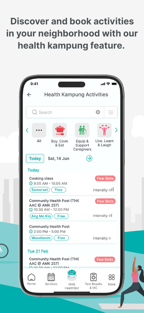 NHG Health - NHG Health 앱의 Health Kampung 기능, 지역 사회 웰빙 활동 및 건강 수업 예약용 스마트폰 화면 표시