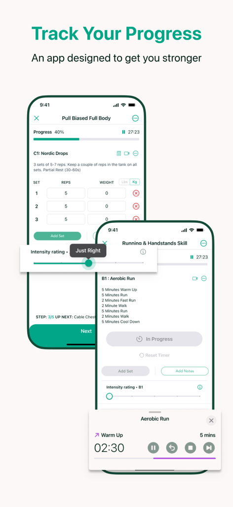 Ganbaru Method - Screenshots of the Ganbaru Method app showing workout logs for strength training and running with intensity ratings and exercise timers.