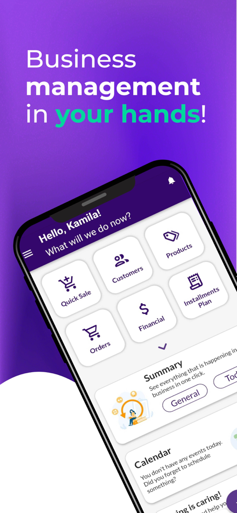 Jarbas: POS, Sales & Stock - 비즈니스 관리 도구(빠른 판매 및 재고 포함)를 보여주는 모바일 앱 대시보드