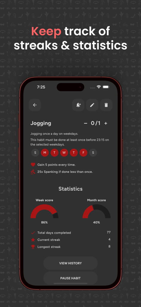 Mobile app screen showing jogging habit statistics including weekly and monthly scores and streak data