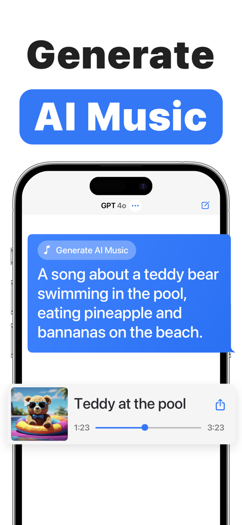 KI-Chat-App-Oberfläche zeigt die KI-Musikgenerierungsfunktion mit einem Prompt und einem generierten Song mit dem Titel Teddy im Pool