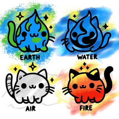4 cats that represent the different elements, earth, water, air, and fire