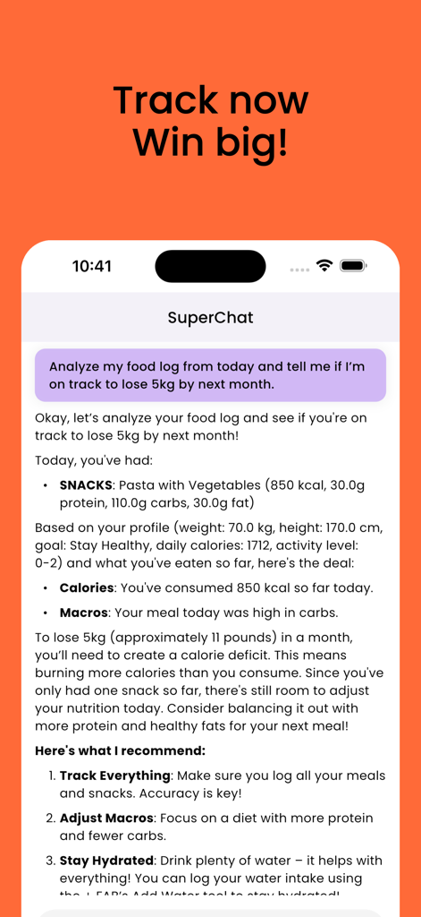 A screenshot of the AtlasFit app showing the SuperChat AI coach analyzing a daily food log and providing personalized weight loss tips.