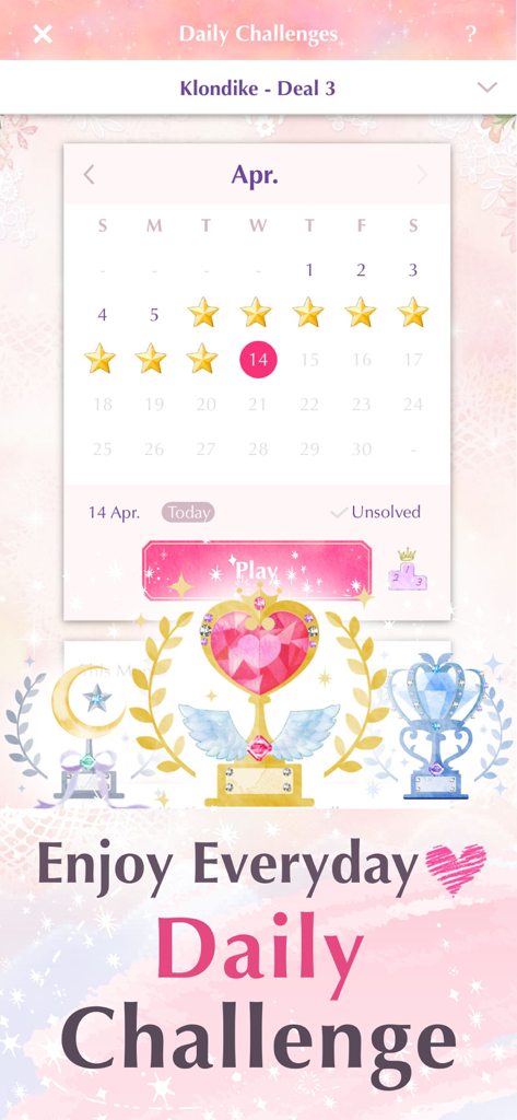 Princess*Solitaire: Cute Games - Daily challenge calendar screen in Princess Solitaire with a cute pink theme and decorative trophies