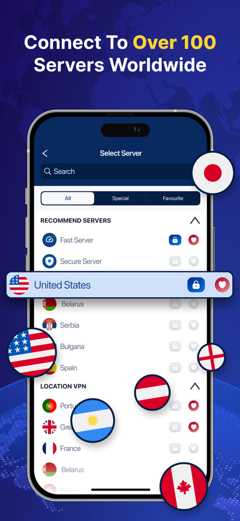 VPN Lite: Super VPN Proxy - Tela de seleção de servidor no aplicativo VPN Lite com mais de 100 locais mundiais e bandeiras de países