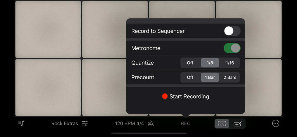 Recording settings menu in Rhythm Pad Pro featuring metronome and quantization options over drum pads
