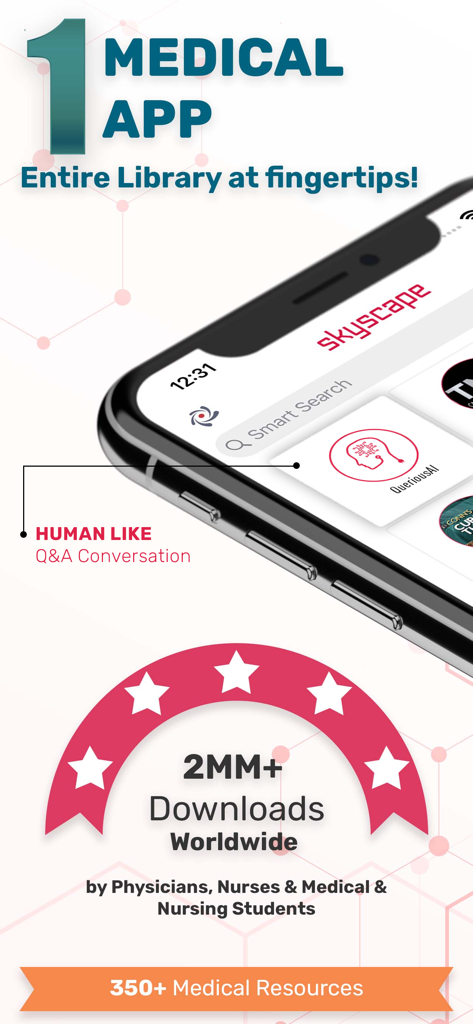 Skyscape Medical Library app promotional screenshot showing 2 million plus downloads and 350 plus medical resources.