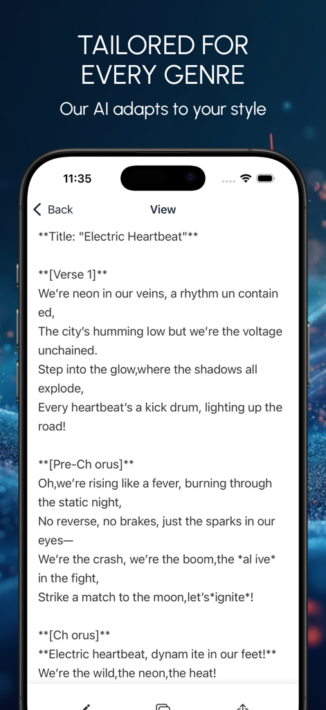 AI Lyric Generator GhostWriter - Tela de smartphone mostrando o aplicativo GhostWriter gerando letras para uma música intitulada Electric Heartbeat.