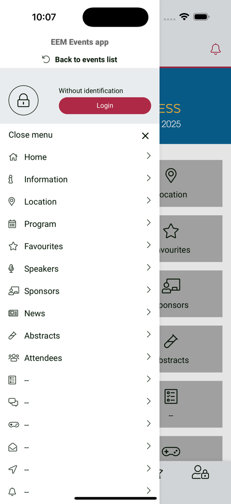 EEM Events - Navigation menu of the EEM Events app showing options for program speakers sponsors and news