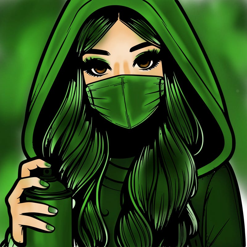 girl wearing a mask with long hair with her hood up spray-painting realistic