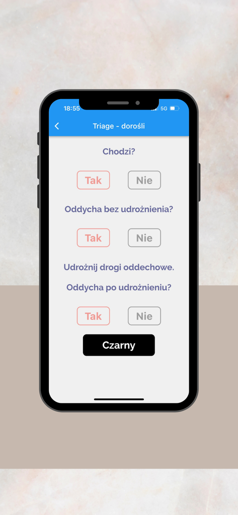 Medical triage algorithm interface for adults in the Ratownictwo Algorytmy app.