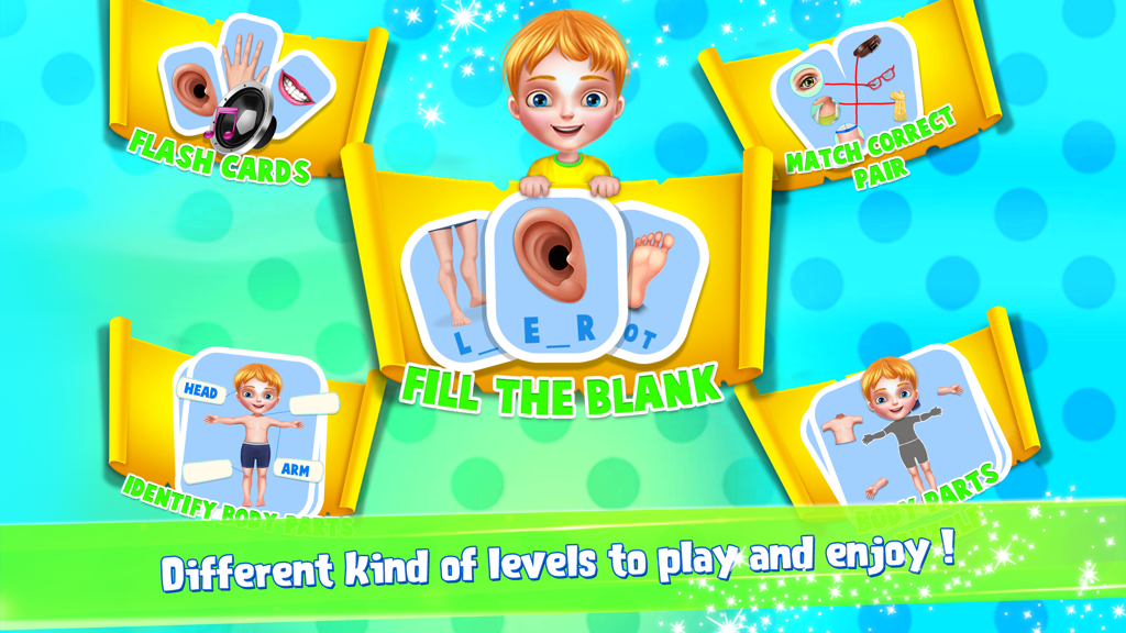 Body Parts - Fun Learning Game - Menu de aplicativo educacional pré-escolar mostrando atividades como cartões educativos, pares correspondentes e ortografia para aprender as partes do corpo.