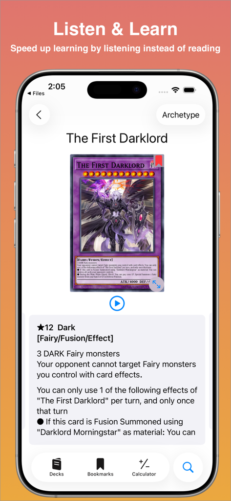 Interfaz móvil de YGODeck mostrando la función de texto a voz para un efecto de carta de YuGiOh.
