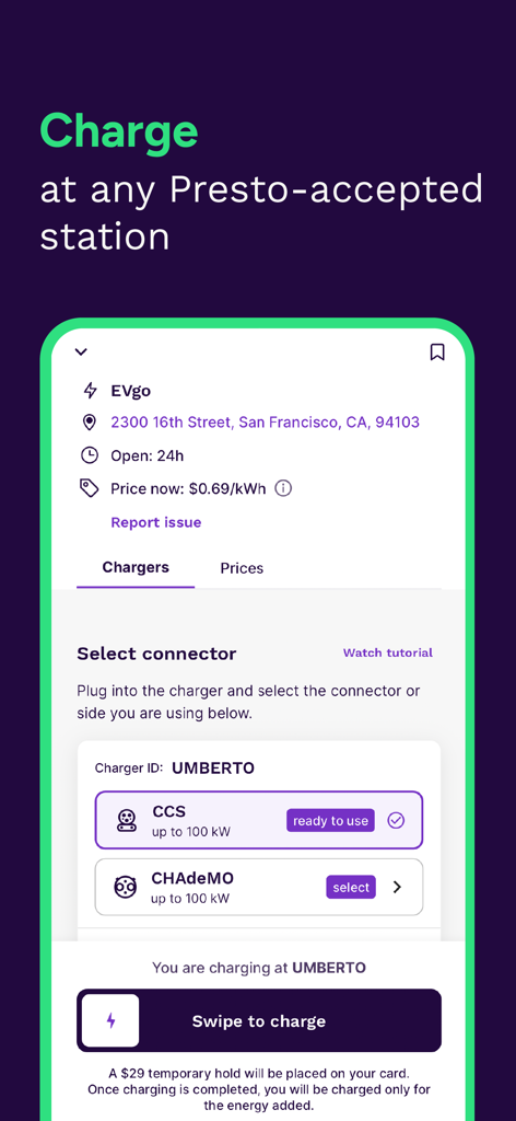 Presto - EV Charging Stations - Presto app screen showing EV charging station details and swipe to charge interface
