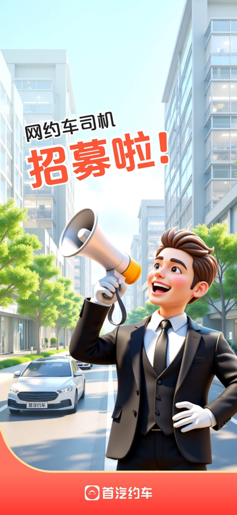 首汽约车司机端-专车车主招募 - Werbegrafik für die Rekrutierung von Shouqi Limousine und Chauffeur-Fahrern mit Cartoon-Fahrer und Megafon