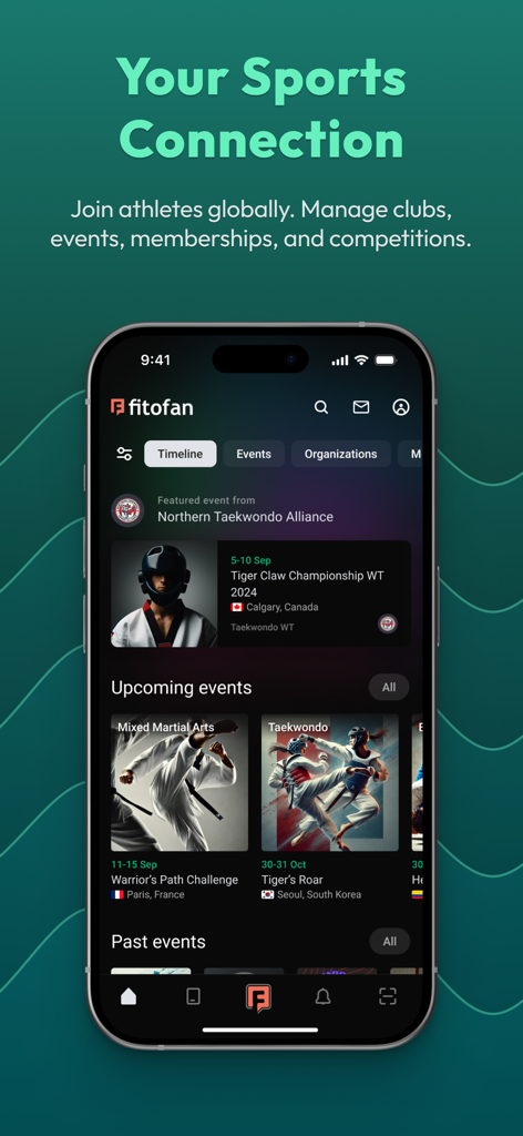 Fitofan - Fitofanアプリのインターフェース。タイムライン画面に、今後のスポーツイベントと格闘技の大会が表示されています。