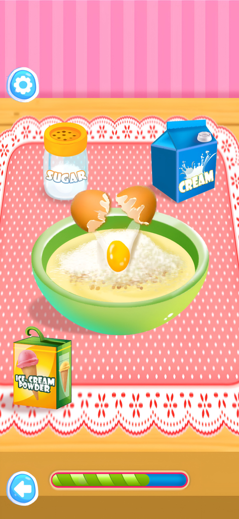 Ice Cream Maker | Cooking Game - Una escena de cocina de dibujos animados que muestra un huevo rompiéndose en un bol con azúcar y crema para hacer helado