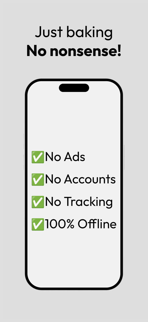 Lista de verificación de la aplicación Porcentaje de Panadería que muestra sin anuncios, sin cuentas, sin seguimiento y funciones 100% sin conexión.