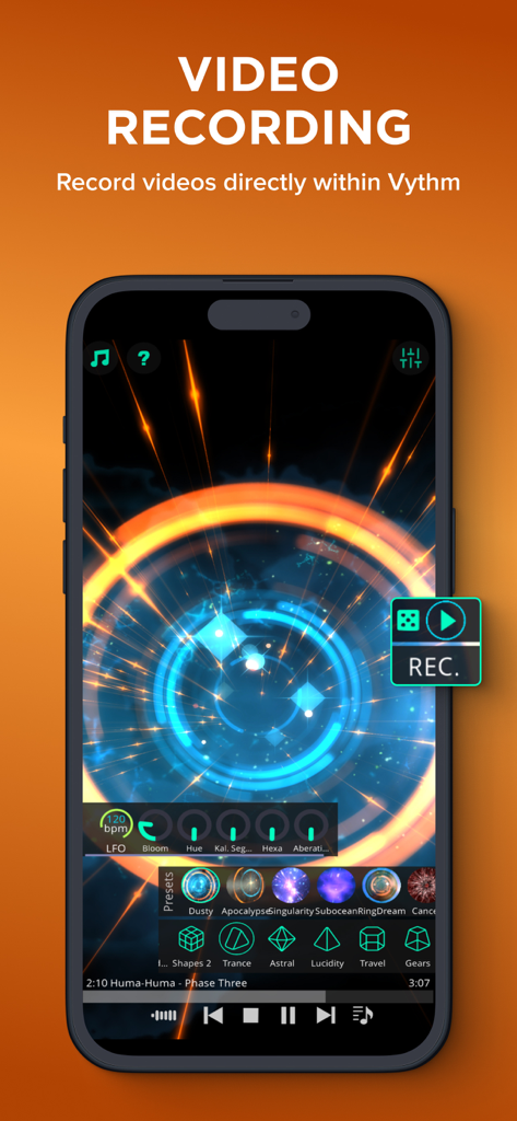 Vythm VJ app screen showing the video recording feature with a glowing blue music visualizer