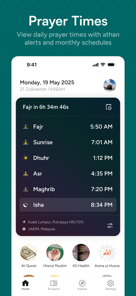 Huda: Prayer Times & Al-Quran - The Huda app interface displaying a countdown to the next prayer and a daily schedule for Fajr, Dhuhr, Asr, Maghrib, and Isha.