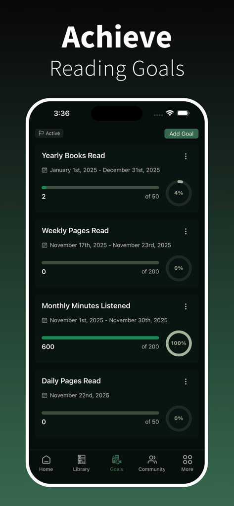 BookPine: Book Tracker Journal - BookPine app interface displaying reading progress for yearly books and monthly audiobook goals