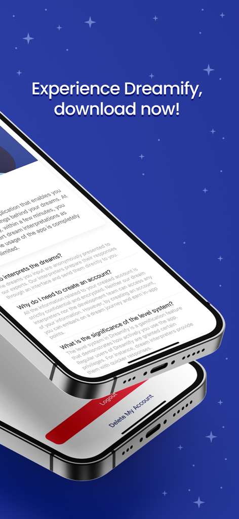 Dreamify - Dream Interpreter - Interface de FAQ do aplicativo Dreamify mostrando informações sobre interpretação de sonhos e segurança da conta em um fundo azul estrelado.