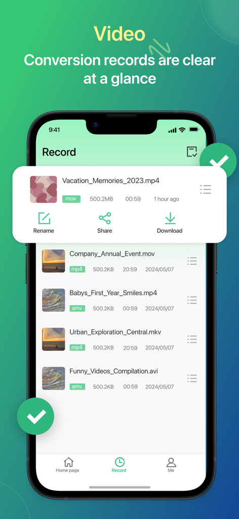 MP3 Converter - Extract MP3 - Mobile app screen showing a list of converted video files with options to rename share and download