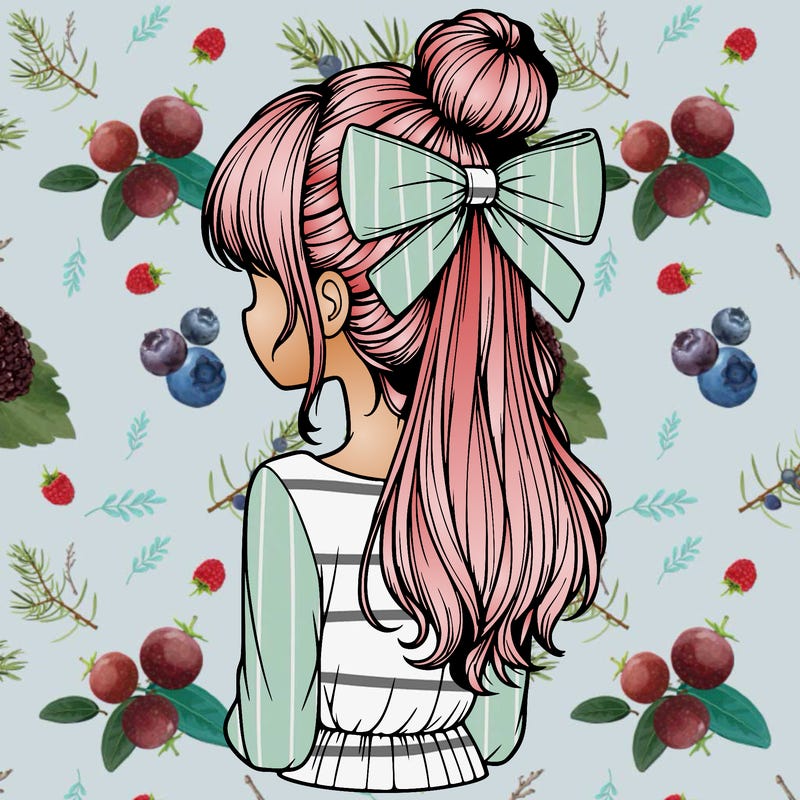 realistic girl  with hip length hair a bun and a big bow on the back of head