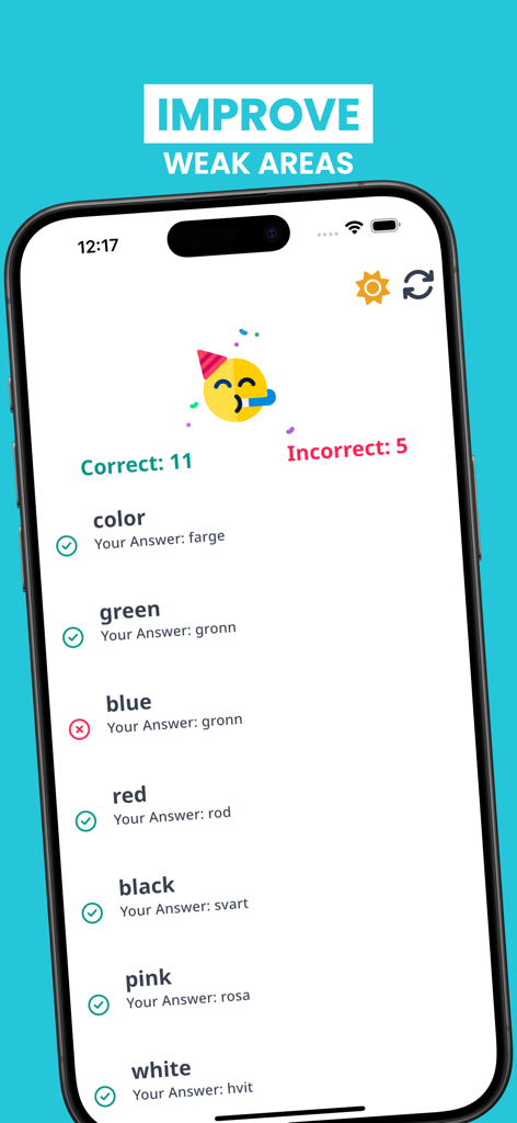Norwegian Learning: Beginners - A quiz results screen in the Norwegian Learning app showing correct and incorrect answers for vocabulary words related to colors