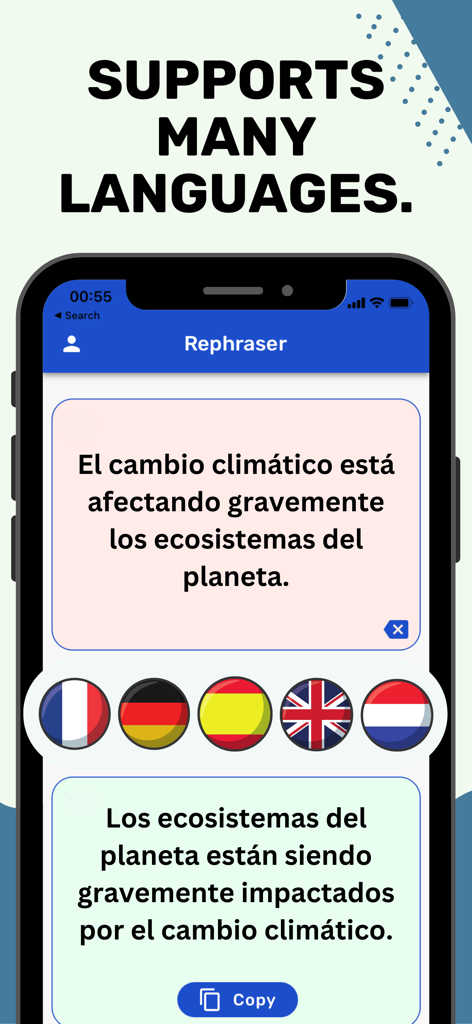 複数のサポート言語を表すフラグと共に、スペイン語のテキスト言い換え例を示すRephraser AIアプリのインターフェース。